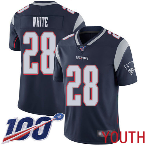 New England Patriots Football #28 100th Season Limited Navy Blue Youth James White Home NFL Jersey